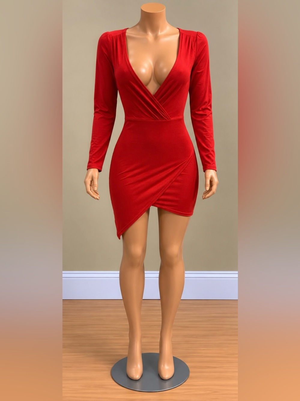Lulus Red Plunging V Neck Long Sleeve Bodycon Tulip Hem Mini Dress S